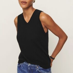 Reformation Reese Cashmere High V Neck Sleeveless Tank Knit Sweater Top Black